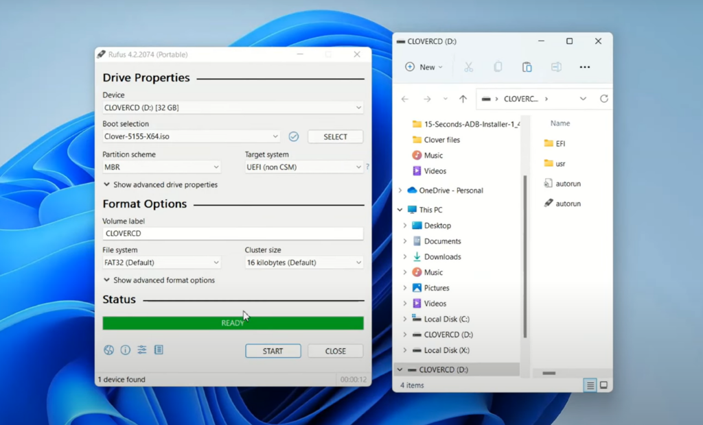 Creating a bootable USB drive using Rufus by selecting the USB drive and Clover Bootloader folder, then starting the process.